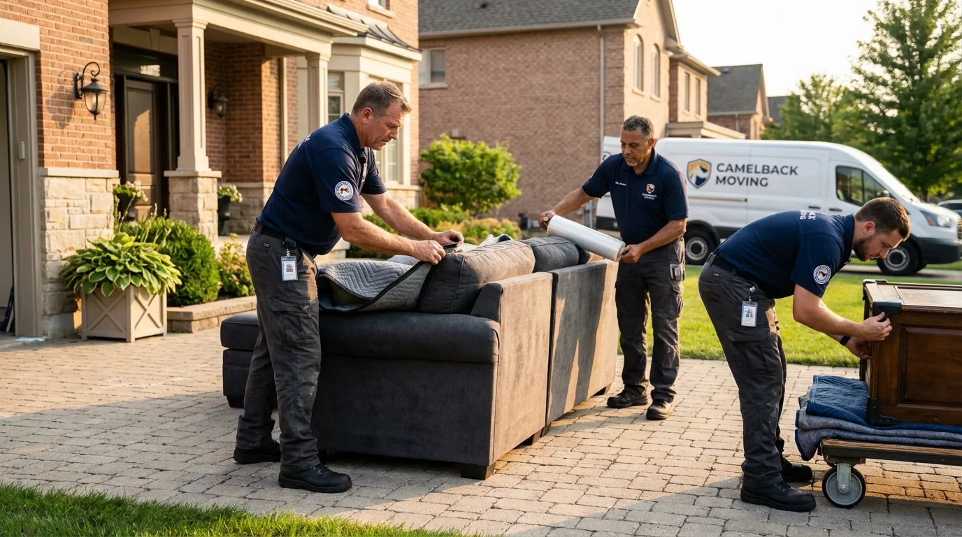 Large estate moving crew wrapping furniture in Carson, ND