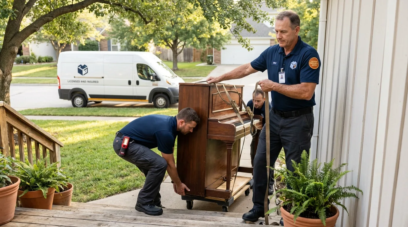 Licensed piano movers securing grand piano in Carson, ND