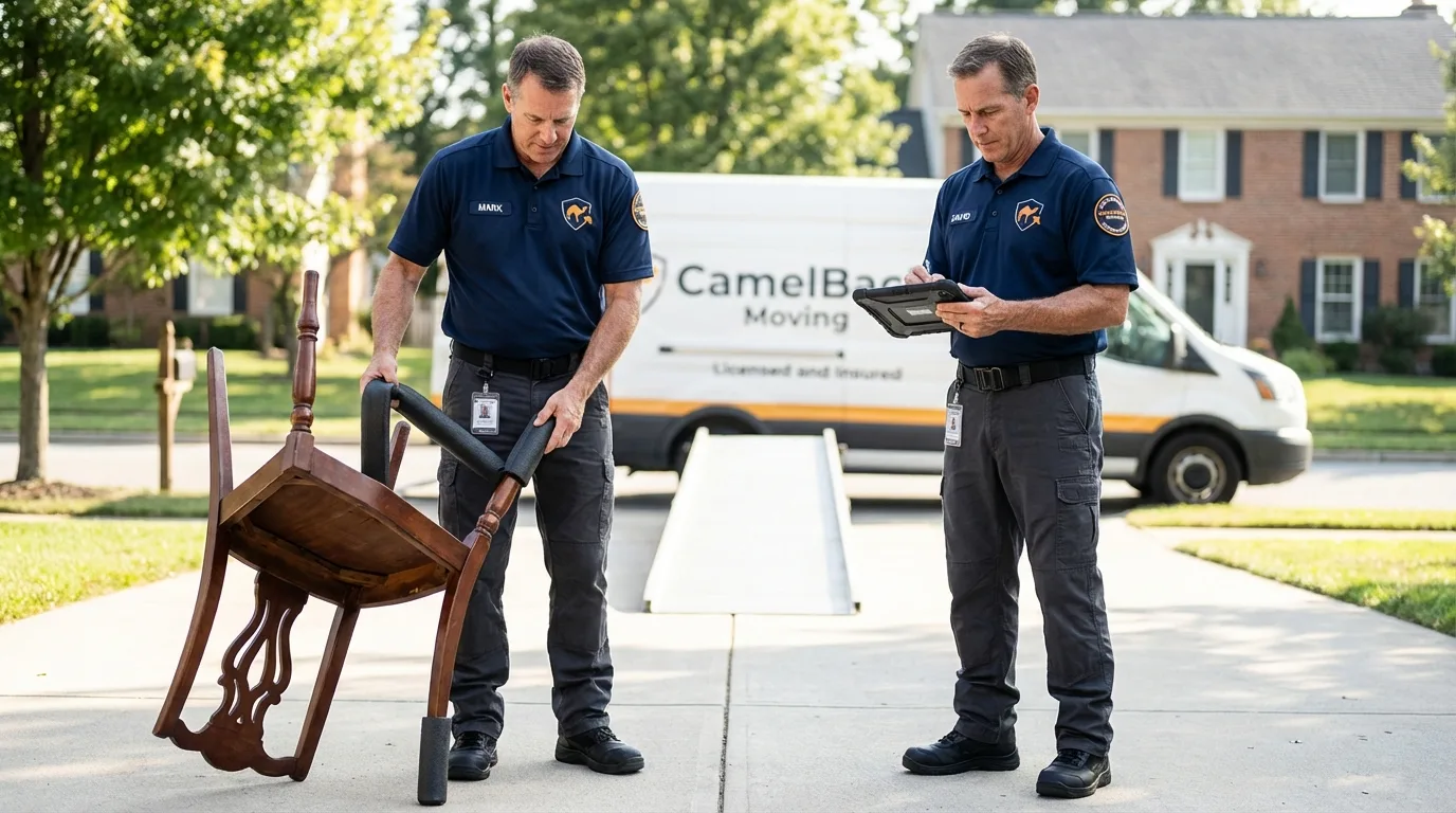 Movers inspecting furniture for damage prevention before loading in Carson, ND