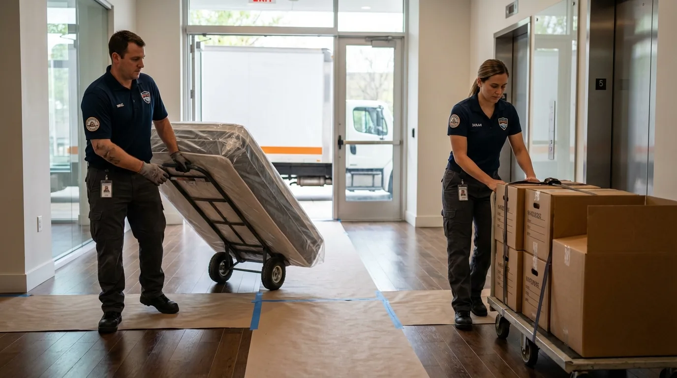 Professional apartment movers loading elevator in Carson, ND